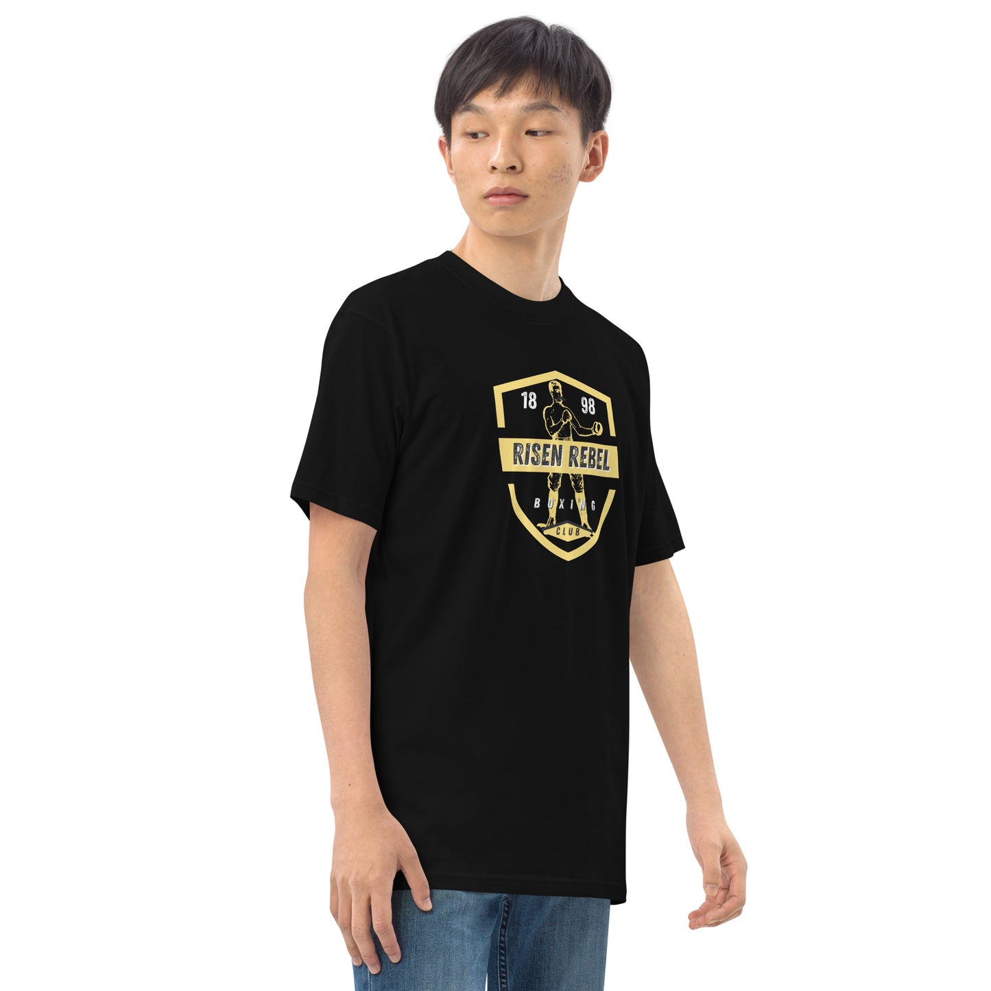 Risen Rebel Boxing Club Premium Men's Tee- Gld/Blk Club Emblem