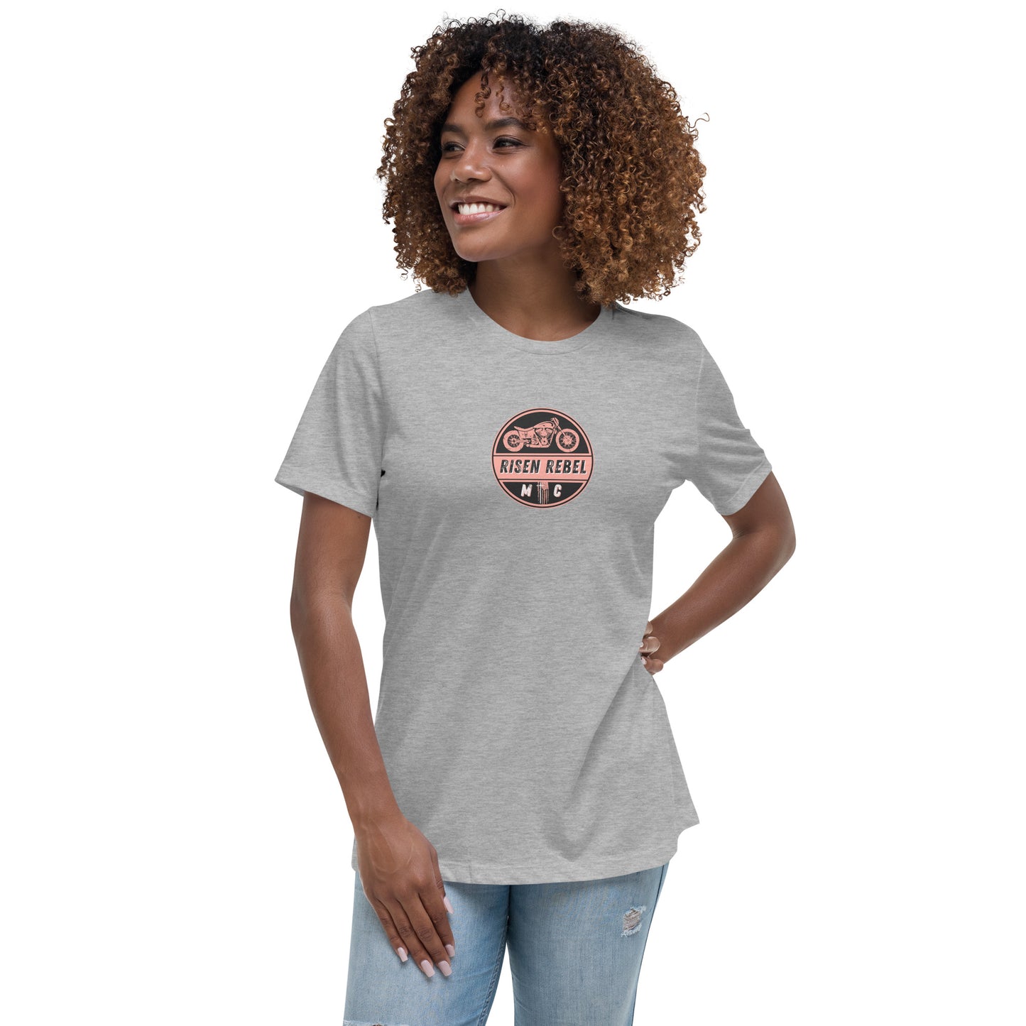 Risen Rebel MC Women's Relaxed T-Shirt; Coral/Brown Emblem