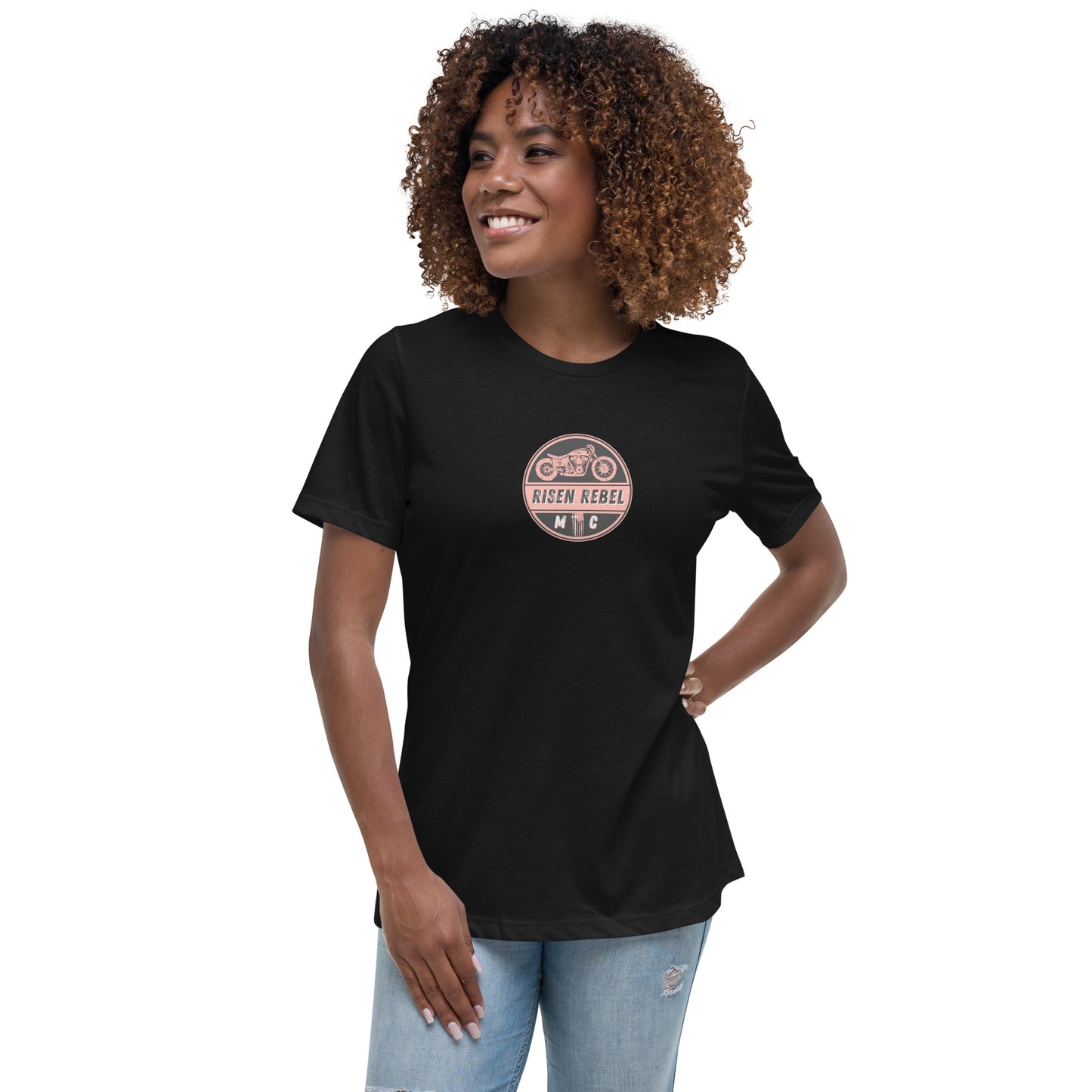 Risen Rebel MC Women's Relaxed T-Shirt; Coral/Brown Emblem