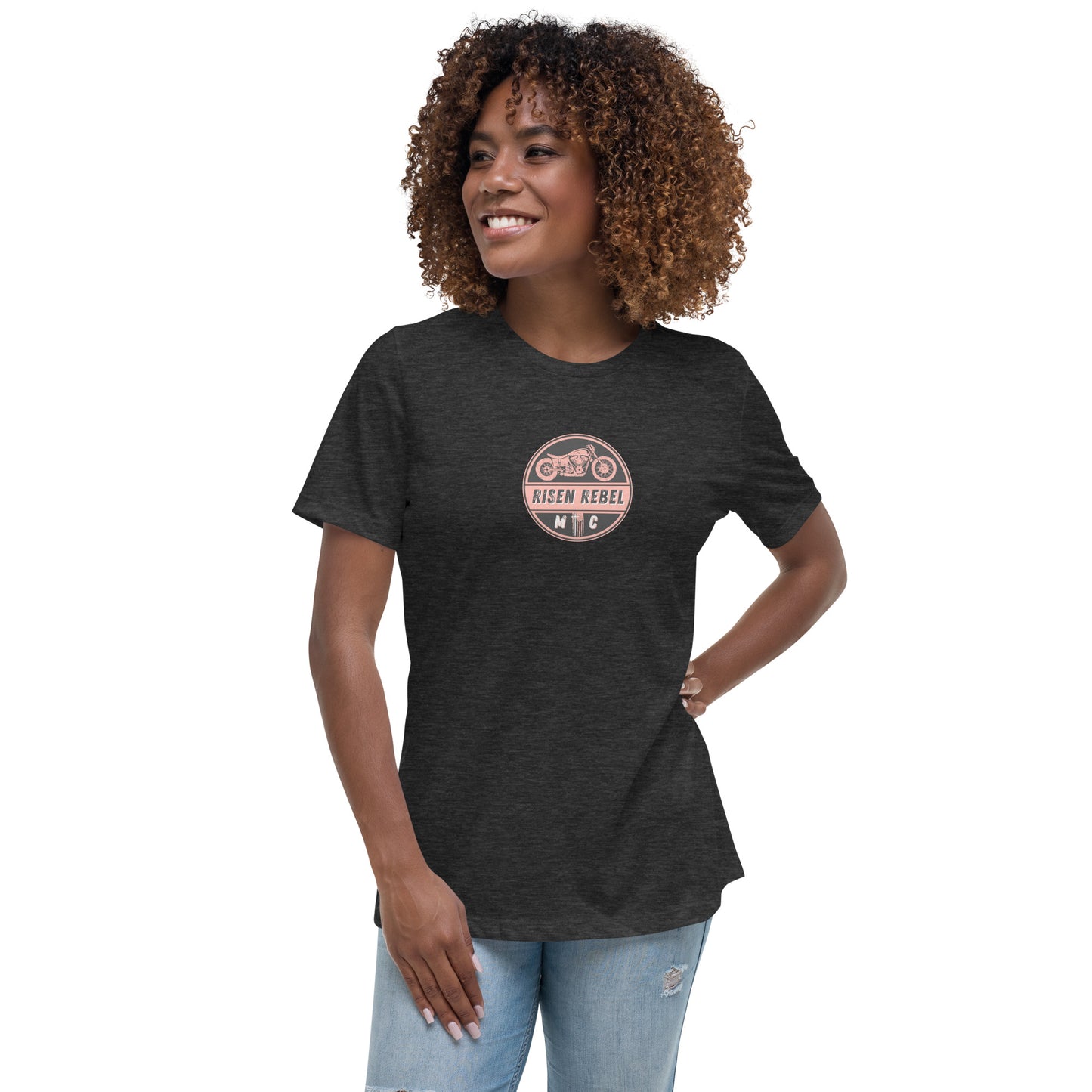 Risen Rebel MC Women's Relaxed T-Shirt; Coral/Brown Emblem