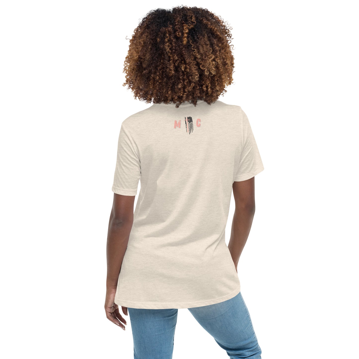 Risen Rebel MC Women's Relaxed T-Shirt; Coral/Brown Emblem