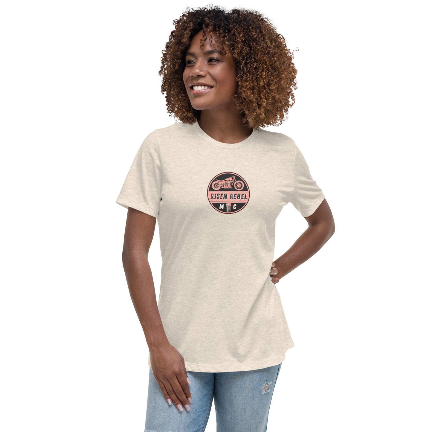 Risen Rebel MC Women's Relaxed T-Shirt; Coral/Brown Emblem